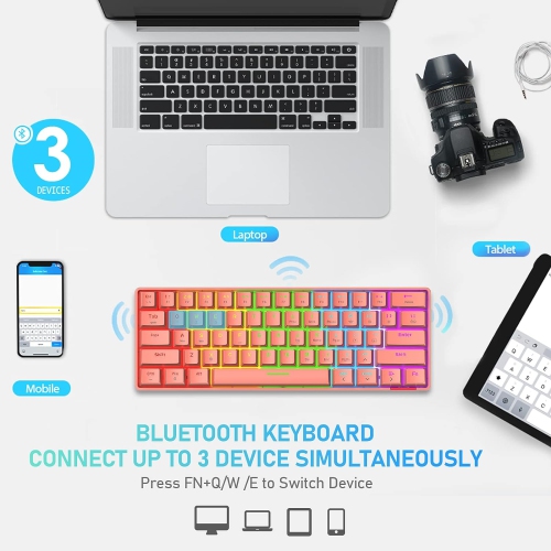 60% Wireless Mechanical Gaming Keyboard with Rainbow RGB Backlight Compact 61 Key Ergonomic Rechargeable Anti-ghosting Bluetooth 5.0 Type-C USB