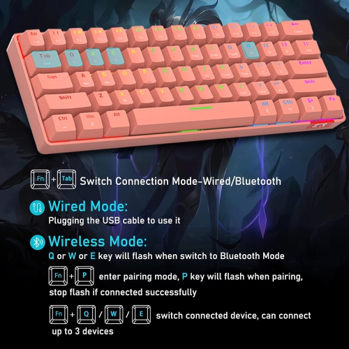 60% Wireless Mechanical Gaming Keyboard with Rainbow RGB Backlight Compact 61 Key Ergonomic Rechargeable Anti-ghosting Bluetooth 5.0 Type-C USB