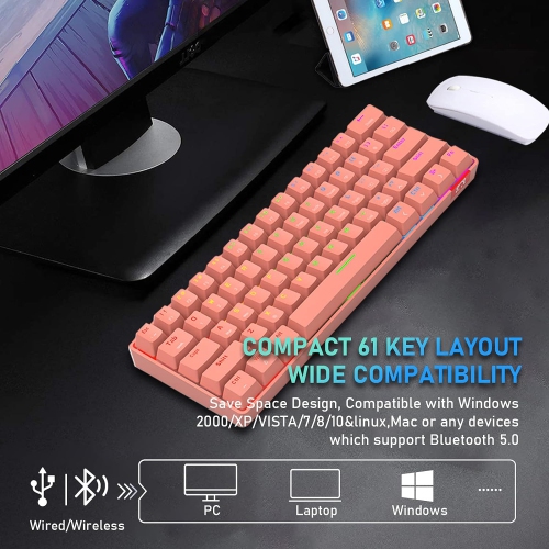 60% Wireless Mechanical Gaming Keyboard with Rainbow RGB Backlight Compact 61 Key Ergonomic Rechargeable Anti-ghosting Bluetooth 5.0 Type-C USB