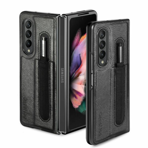 For Samsung Galaxy Z Fold 5 5G Slim Leather Phone Case Cover With S Pen Holder - Black