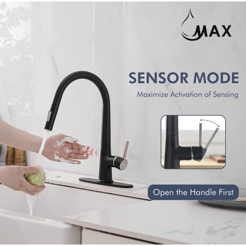 MAX Faucets Smart Touch-Less Kitchen Faucet Single Handle Pull-Out 16 Inches Matte Black, Brushed Nickel Finish