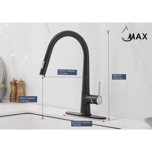 MAX Faucets Smart Touch-Less Kitchen Faucet Single Handle Pull-Out 16 Inches Matte Black, Brushed Nickel Finish