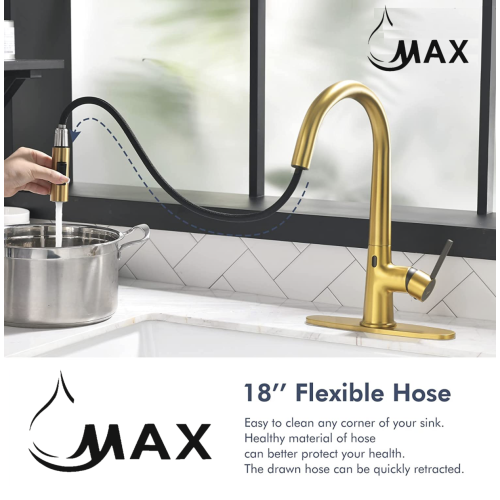 MAX Faucets Smart Touch-Less Kitchen Faucet Single Handle Pull-Out 16 Inches Brushed Gold, Matte Black Finish