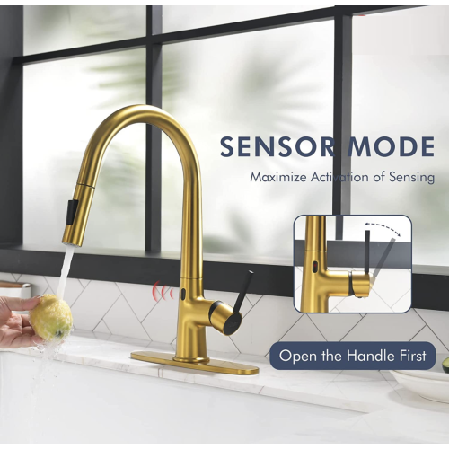 MAX Faucets Smart Touch-Less Kitchen Faucet Single Handle Pull-Out 16 Inches Brushed Gold, Matte Black Finish