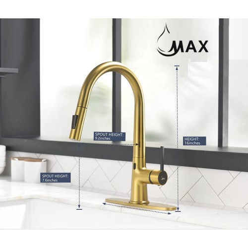 MAX Faucets Smart Touch-Less Kitchen Faucet Single Handle Pull-Out 16 Inches Brushed Gold, Matte Black Finish