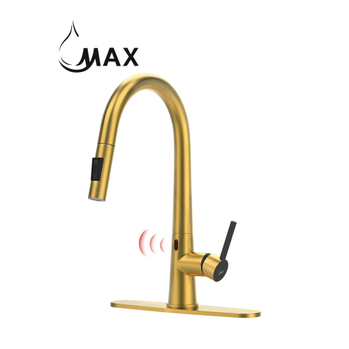 MAX Faucets Smart Touch-Less Kitchen Faucet Single Handle Pull-Out 16 Inches Brushed Gold, Matte Black Finish