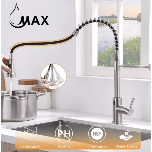MAX Faucets Smart Touch-Less Kitchen Faucet Pull-Out Spring Spout 20" Brushed Nickel Finish