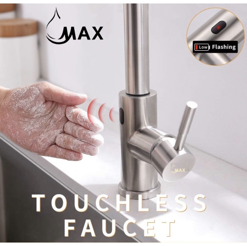 MAX Faucets Smart Touch-Less Kitchen Faucet Pull-Out Spring Spout 20" Brushed Nickel Finish
