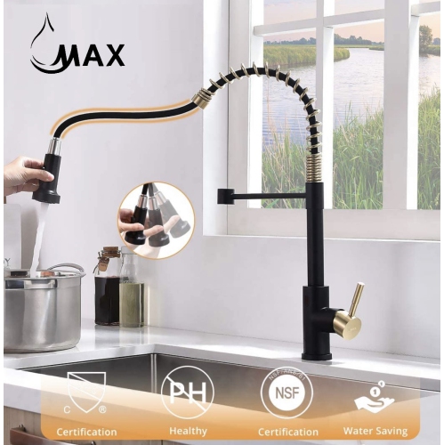 MAX Faucets Smart Touch-Less Kitchen Faucet Pull-Out Spring Spout 20" Matte Black, Brushed Gold Finish