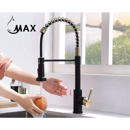 MAX Faucets Smart Touch-Less Kitchen Faucet Pull-Out Spring Spout 20" Matte Black, Brushed Gold Finish