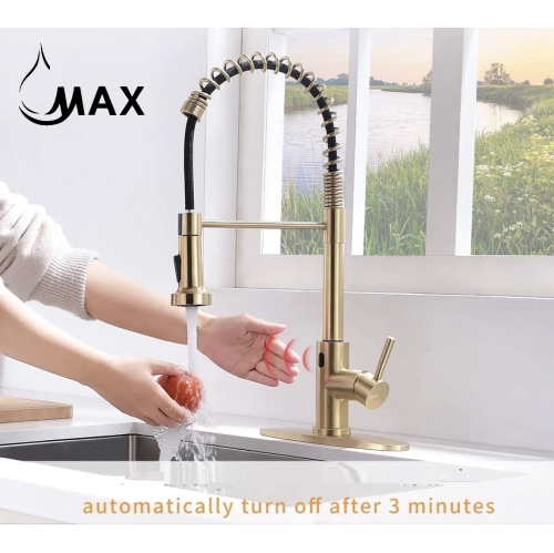 MAX Faucets Smart Touch-Less Kitchen Faucet Pull-Out Spring Spout 20" Brushed Gold Finish