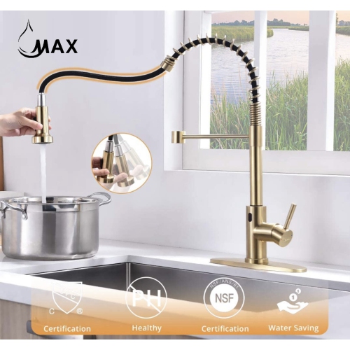 MAX Faucets Smart Touch-Less Kitchen Faucet Pull-Out Spring Spout 20" Brushed Gold Finish