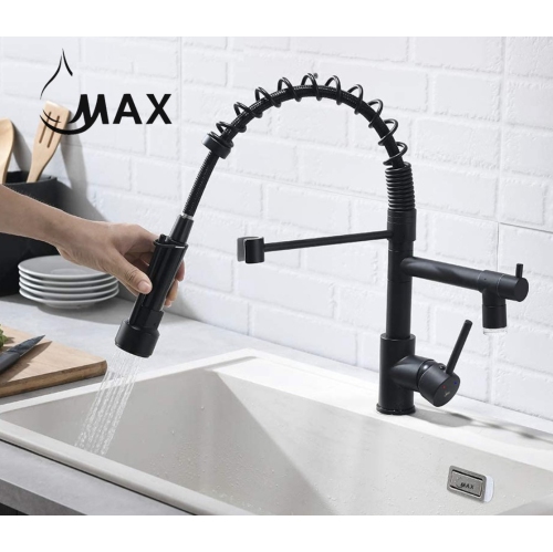 MAX Faucets Pre-Rinse Kitchen Faucet Hands-Free Pull-Down Flexible With Separate Pot Filler Spout and LED Light 19" Matte Black Finish