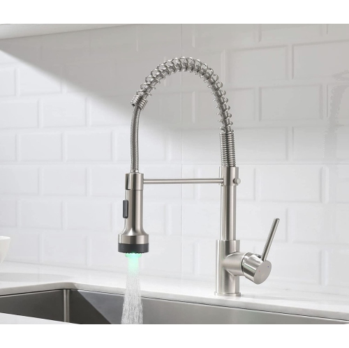 MAX Faucets Pull-Down Spiral Flexible Kitchen Faucet 16.5" With LED Light Brushed Nickel Finish