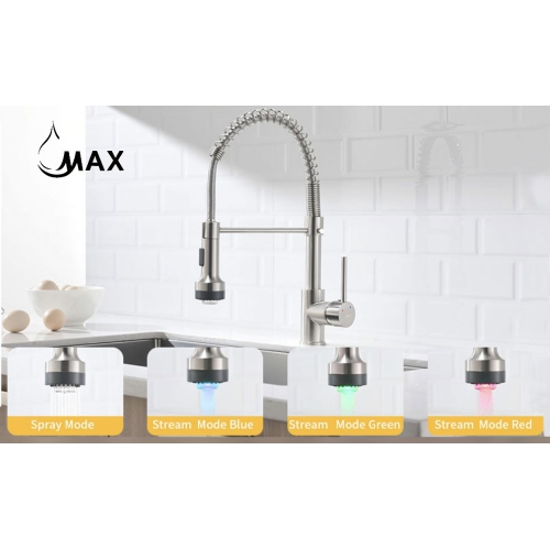 MAX Faucets Pull-Down Spiral Flexible Kitchen Faucet 16.5" With LED Light Brushed Nickel Finish