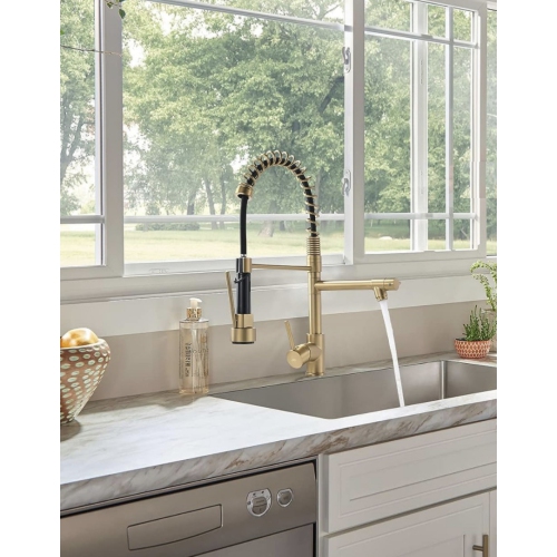 MAX FAUCETS  Hands-Free Kitchen Faucet Pre-Rinse Pull-Down Flexible With Separate Pot Filler Spout 19" Brushed Finish In Gold