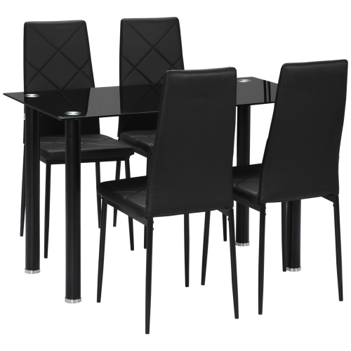 HOMCOM  Modern Dining Table Set for 4, Space-Saving 5 Pieces Kitchen Table Set With Pu Leather Upholstered Chairs, Glass Table Top And Steel Frame