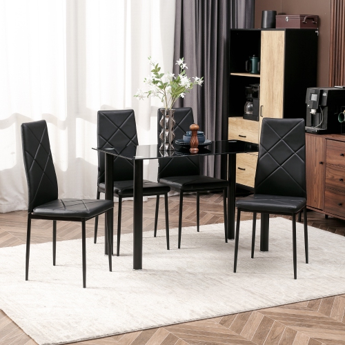 HOMCOM Modern Dining Table Set for 4, Space-Saving 5 Pieces Kitchen Table Set with PU Leather Upholstered Chairs, Glass Table Top and Steel Frame,