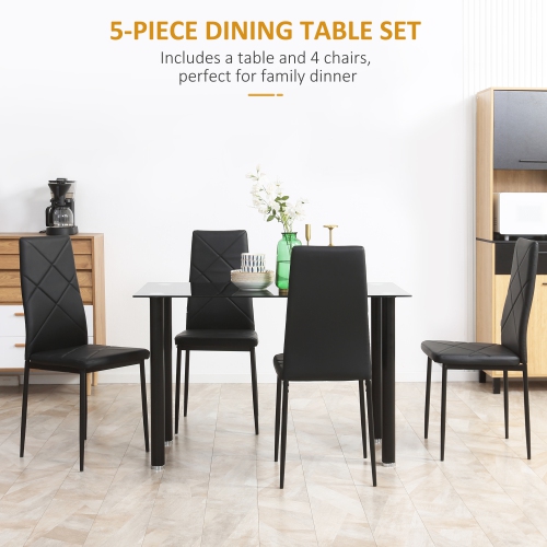 HOMCOM Modern Dining Table Set for 4, Space-Saving 5 Pieces Kitchen Table Set with PU Leather Upholstered Chairs, Glass Table Top and Steel Frame,