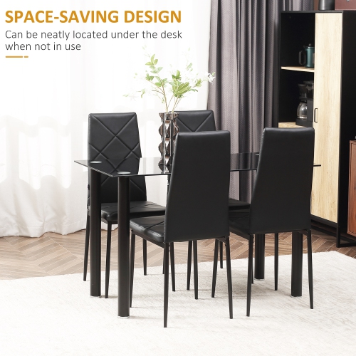 HOMCOM Modern Dining Table Set for 4, Space-Saving 5 Pieces Kitchen Table Set with PU Leather Upholstered Chairs, Glass Table Top and Steel Frame,