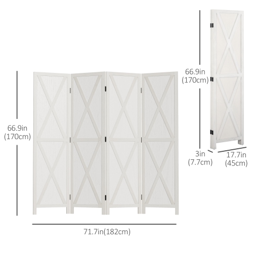 HOMCOM 4 Panel Room Divider, 5.6 Ft Folding Privacy Screen, Freestanding Wooden Wall Partition for Bedroom, Office, White