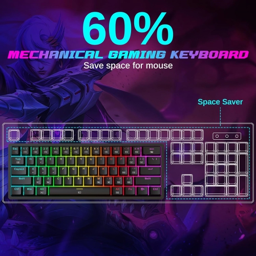 60% Keyboard Mechanical, RGB Backlit Hot-Swappable Red Switch Fully Programmable for Windows Laptop PC Mac, Black Transparent