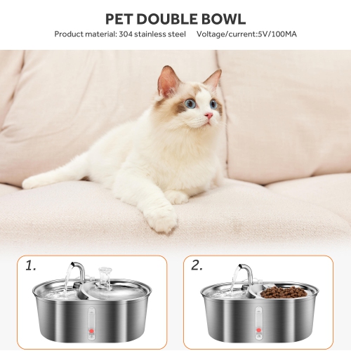 Fontaine d'eau automatique pour animal de compagnie en acier inoxydable de 3&nbsp;L, distributeur d'eau pour chien 3&nbsp;L/101&nbsp;oz avec fenêtre