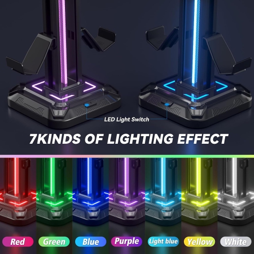 RGB Headphone Stand with 9 Light Modes – Gaming Headset & Controller Holder with Rotating Arm, Detachable Hook, Cable Management, for PC & Console