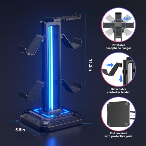 RGB Headphone Stand with 9 Light Modes – Gaming Headset & Controller Holder with Rotating Arm, Detachable Hook, Cable Management, for PC & Console