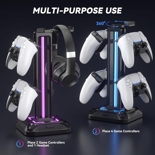 RGB Headphone Stand with 9 Light Modes – Gaming Headset & Controller Holder with Rotating Arm, Detachable Hook, Cable Management, for PC & Console
