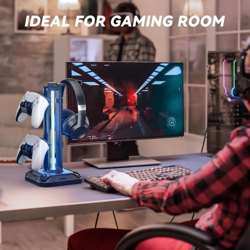 RGB Headphone Stand with 9 Light Modes – Gaming Headset & Controller Holder with Rotating Arm, Detachable Hook, Cable Management, for PC & Console