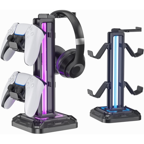 RGB Headphone Stand with 9 Light Modes – Gaming Headset & Controller Holder with Rotating Arm, Detachable Hook, Cable Management, for PC & Console