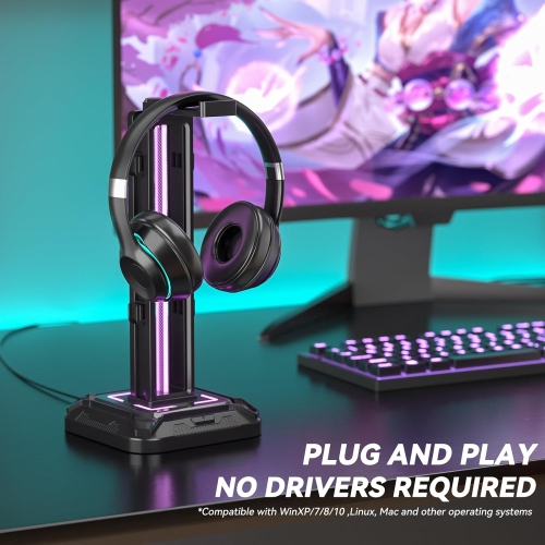 RGB Headphone Stand with 9 Light Modes – Gaming Headset & Controller Holder with Rotating Arm, Detachable Hook, Cable Management, for PC & Console