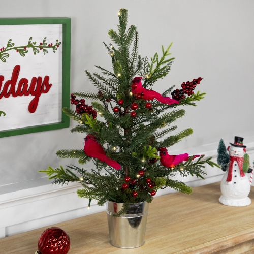 Pre-Lit LED Mixed Pine Potted Christmas Tree with Berries and Cardinals - 2' - Warm White Lights