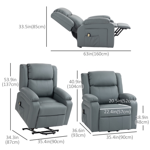 HOMCOM Power Lift Chair for Elderly, PU Leather Upholstered Electric Recliner Chair with Quick Assembly, Remote, Footrest, Side Pockets, Reclining