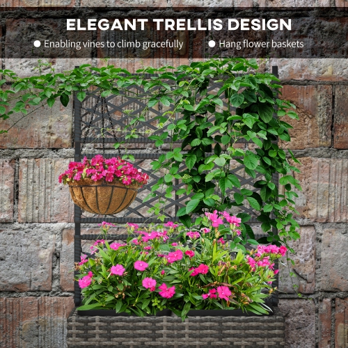 Outsunny 22L Raised Garden Box with Trellis, PE Rattan Free Standing Flower Raised Garden Bed with Two Plant Boxes, Garden Planter Box for Climbing