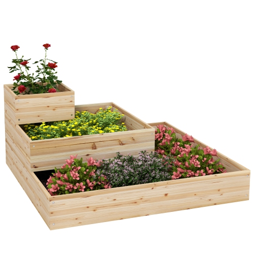 OUTSUNNY  " 3-Tier Wooden Raised Garden Bed Kit \w Non-Woven Fabric Liner, Outdoor Elevated Planter Box for Backyard Patio to Grow Vegetables Flower