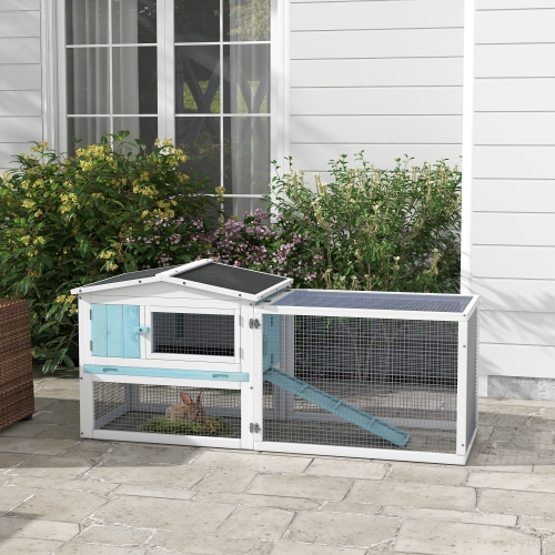 PawHut 61'' L 2-Story Rabbit Hutch Bunny Cage Small Animal House with Pull Out Tray, Detachable Run, Ramp, for Indoor Outdoor, Light Blue