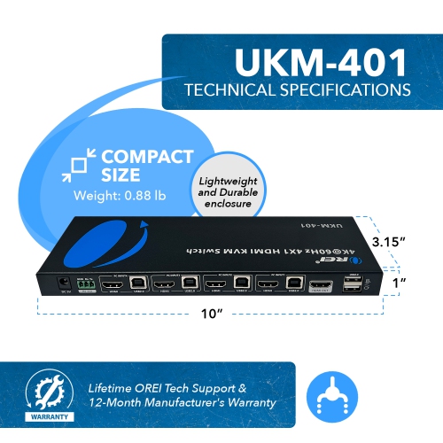 OREI 4K@60Hz 4X1 HDMI KVM Switch With RS-232 Control