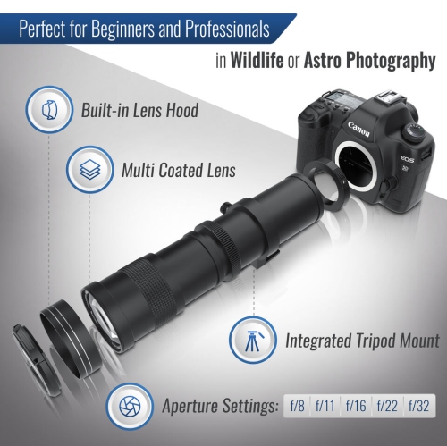 Ultimaxx 420-800mm f/8 Telephoto Zoom Lens + T-Mount for Nikon D850 D810 D750 D6