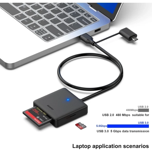 Lecteur de cartes mémoire 4 in1 - Adaptateur de lecteur de cartes MS CF USB-C vers SD Micro SD de GENER | compatible avec iPhone 15 Pro/Max, MacBook