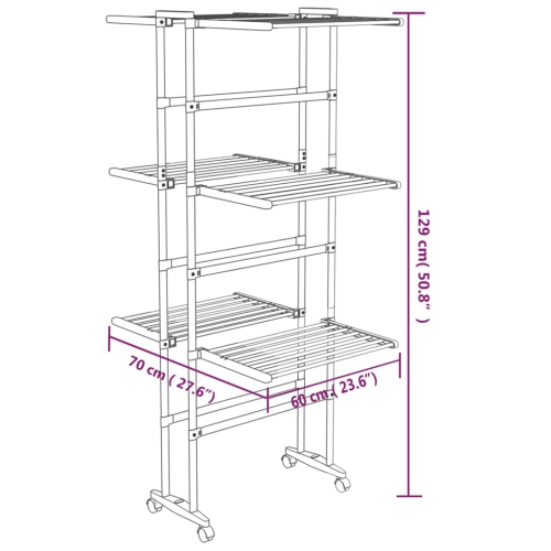 vidaXL 3-Tier Laundry Drying Rack with Wheels Silver 60x70x129 cm