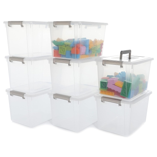Set of 8 Plastic Storage Bins: 5.3QT. capacity, latching lids, clear boxes  with handles. Stackable storage containers for organized solutions