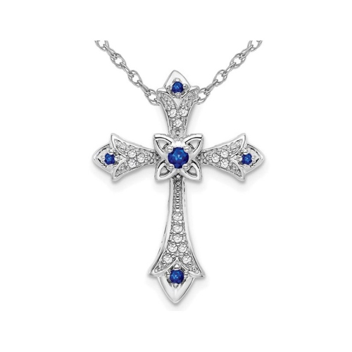 GEM AND HARMONY  1/10 Carat (Ctw) Sapphire Cross Pendant Necklace With Diamonds In 10K White Gold With Chain In Blue