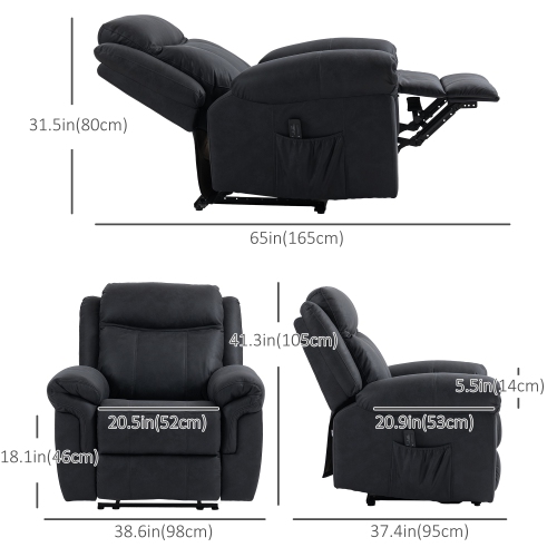 Fauteuil de massage inclinable à 8 points de HOMCOM, fauteuil inclinable manuel en microfibre pour salon avec pochettes latérales, repose-pieds,
