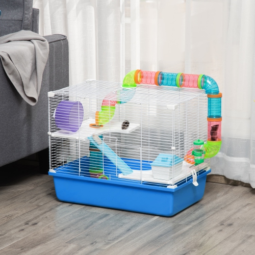 PawHut Hamster Cage, Small Animal House, 3-Level Guinea Pig Cage Gerbil Haven, Tunnel Tube System, with Water Bottle, Exercise Wheel, Food Dish,