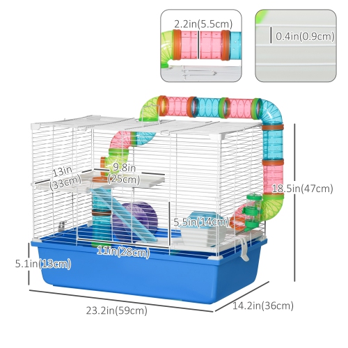 PawHut Hamster Cage, Small Animal House, 3-Level Guinea Pig Cage Gerbil Haven, Tunnel Tube System, with Water Bottle, Exercise Wheel, Food Dish,