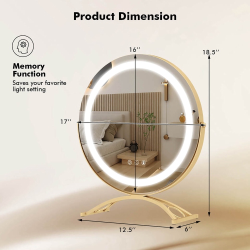 Gymax 16'' Round Makeup Vanity Mirror 3 Color Dimmable Lights Memory Function