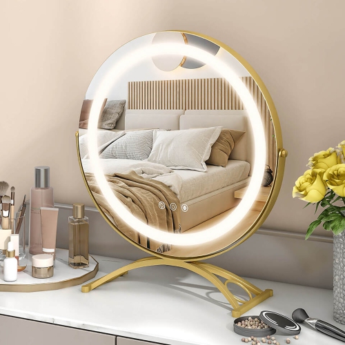 Gymax 16'' Round Makeup Vanity Mirror 3 Color Dimmable Lights Memory Function