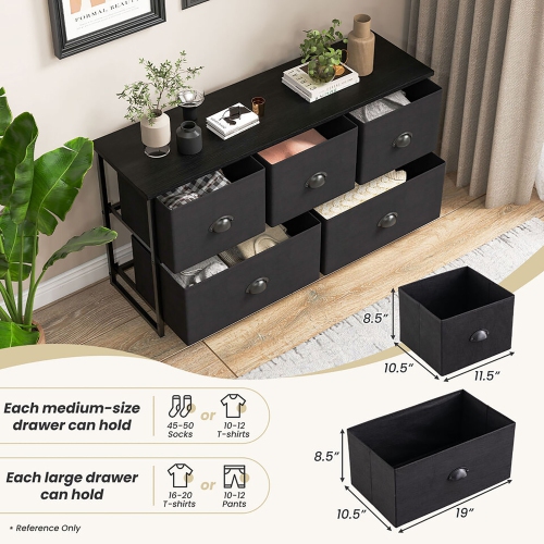 Gymax 5 Drawers Dresser TV Stand Chest Clothes Storage Organizer with 5 Fabric Bins